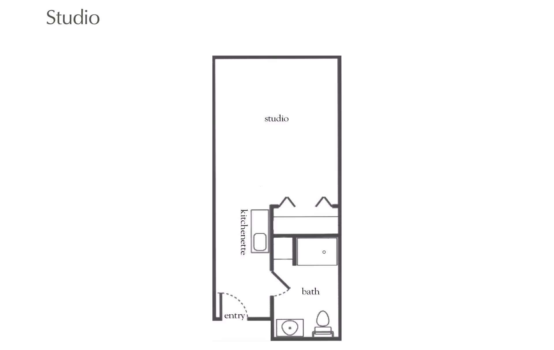 Floor plan of a studio apartment at Atria Park of Tucker showing an entry leading to a kitchenette, a bath with a toilet and sink, and a main studio living area.