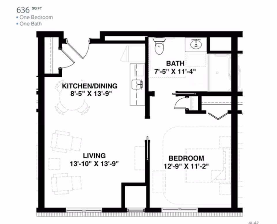 Floor plan of a one-bedroom, one-bath apartment with a total area of 636 square feet. The layout includes a kitchen/dining area measuring 8 feet 5 inches by 13 feet 9 inches, a living room measuring 13 feet 10 inches by 13 feet 9 inches, a bedroom measuring 12 feet 9 inches by 11 feet 2 inches, and a bathroom measuring 7 feet 5 inches by 11 feet 4 inches.