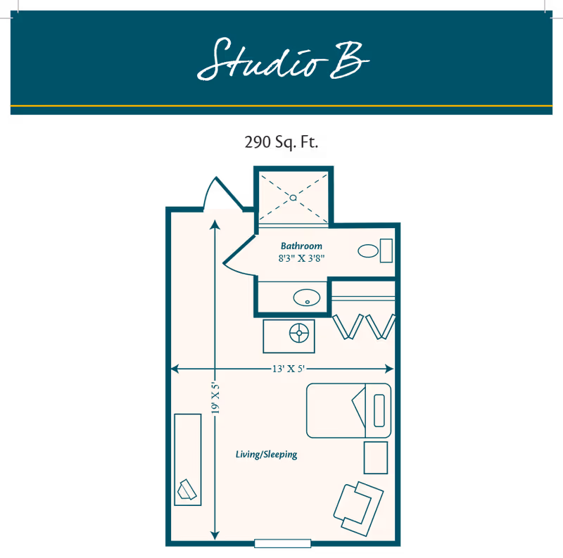 Floor plan of a studio apartment labeled Studio B with a total area of 290 square feet. The layout includes a combined living and sleeping area measuring 19 feet by 13 feet, a bathroom measuring 8 feet 3 inches by 3 feet 8 inches, and furniture placements such as a bed, chair, table, and closet.