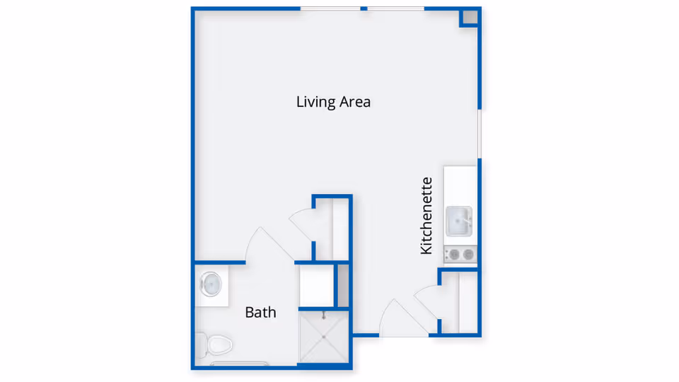 Floor plan of a living space at Crescent Point at Niantic showing a living area, kitchenette, and a bathroom with a sink, toilet, and shower.