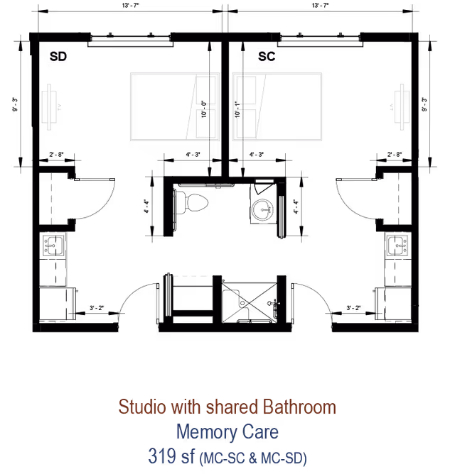 Architectural floor plan layout of a studio apartment with a shared bathroom, labeled for Memory Care at MorningStar Assisted Living & Memory Care at Jordan Creek, showing two studio units (MC-SC and MC-SD) each with a bed and bathroom fixtures.