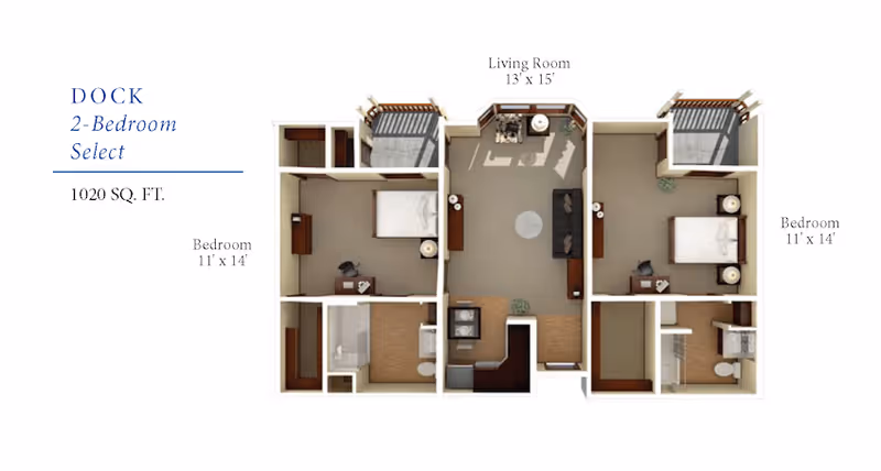 3D floor plan of a 2-bedroom apartment named Dock with 1020 square feet. The layout includes two bedrooms each measuring 11 by 14 feet, a living room measuring 13 by 15 feet, two bathrooms, and a kitchen area. Each bedroom has furniture including beds and desks, and the living room has seating and a table.