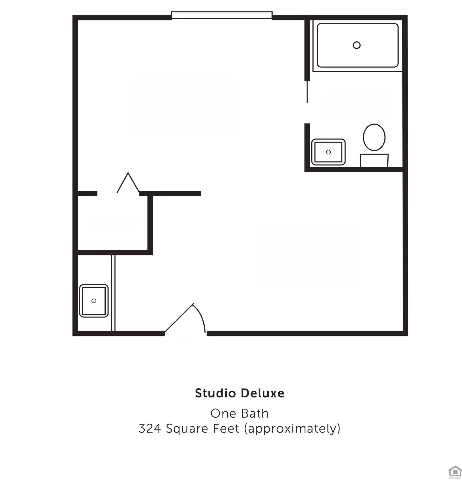 Floor plan of a Studio Deluxe apartment with one bathroom, approximately 324 square feet. The layout includes a main living/sleeping area, a bathroom with a bathtub, toilet, and sink, and a small kitchen area.