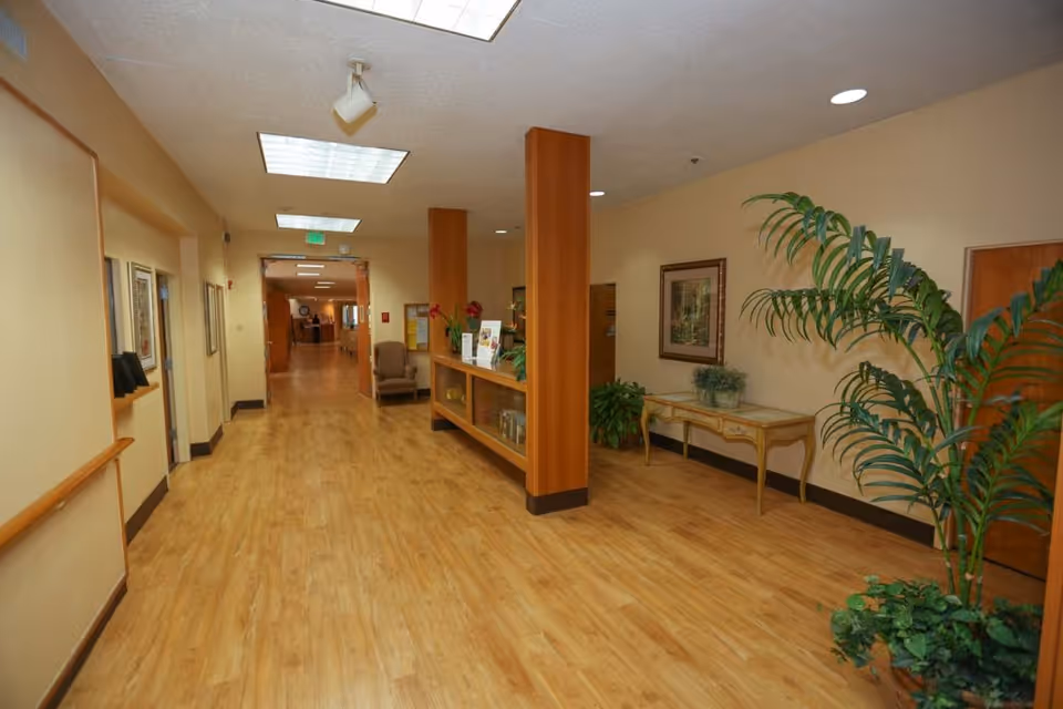A long hallway in a senior living facility with wood flooring and beige walls. There are wooden columns and a reception desk with plants and informational materials. The hallway is well-lit with ceiling lights, and there are framed pictures and plants along the walls.