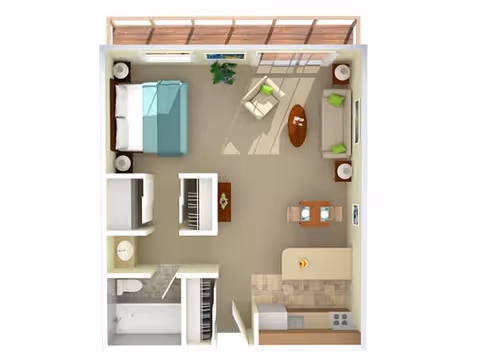 Top-down view of a studio apartment floor plan featuring a bedroom area with a bed and nightstands, a living area with a sofa, armchair, coffee table, and dining table with two chairs, a kitchen with appliances and counter space, and a bathroom with a shower, toilet, and sink. There is also a balcony or patio area at the top of the image.