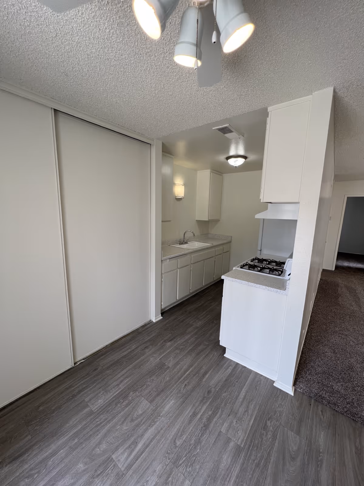 A narrow kitchen area with white cabinets, a countertop with a sink, and a gas stove. The floor is covered with gray wood-like vinyl planks. There is a ceiling light fixture with three bulbs and a sliding door closet on the left side. The kitchen opens into a carpeted room in the background.