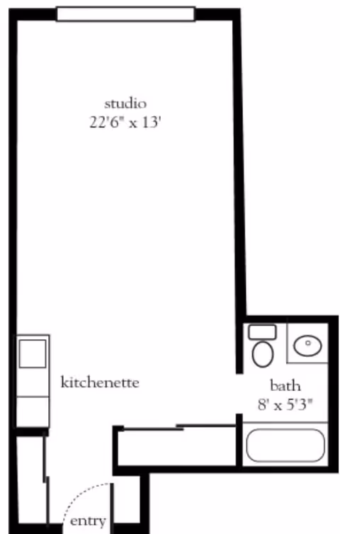 Floor plan of a studio apartment at Atria Stamford showing a 22'6" by 13' studio area, a kitchenette near the entry, and a bathroom measuring 8' by 5'3" with a toilet, sink, and bathtub.