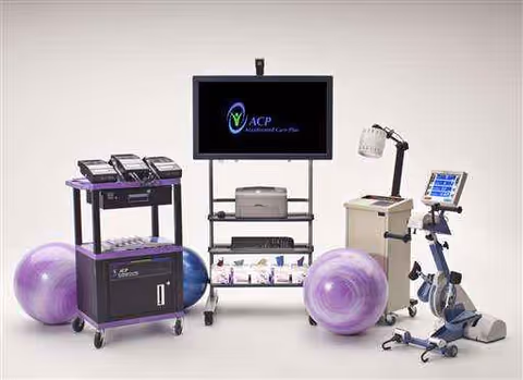 Therapy equipment setup with purple exercise balls in a clean clinical rehab room.