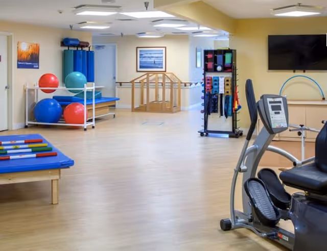 Bright rehabilitation/exercise room with cardio equipment, therapy balls, balance tools, and parallel bars.