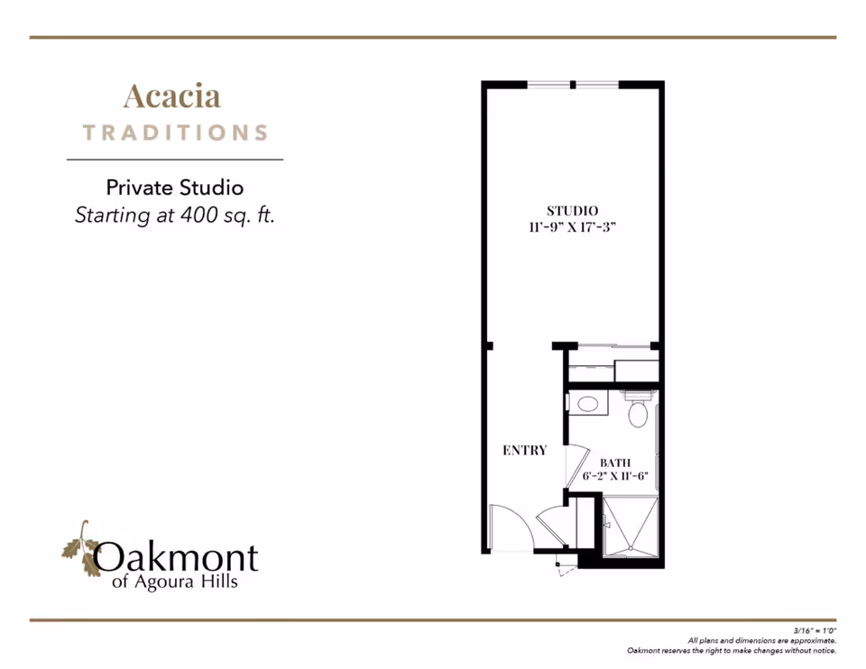 Floor plan of a private studio apartment at Oakmont of Agoura Hills, labeled Acacia Traditions, starting at 400 square feet. The layout shows an entry area leading to a studio space measuring 11 feet 9 inches by 17 feet 3 inches, and a bathroom measuring 6 feet 2 inches by 11 feet 6 inches with a shower, toilet, and sink.