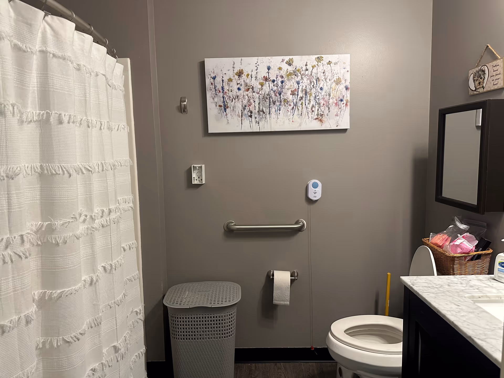 A bathroom with a white shower curtain on the left, a gray laundry basket, a wall-mounted grab bar, a toilet with the lid up, a toilet paper holder with a roll of toilet paper, a basket with pink items on the counter, a wall-mounted cabinet with a mirror, and a floral painting on the wall.