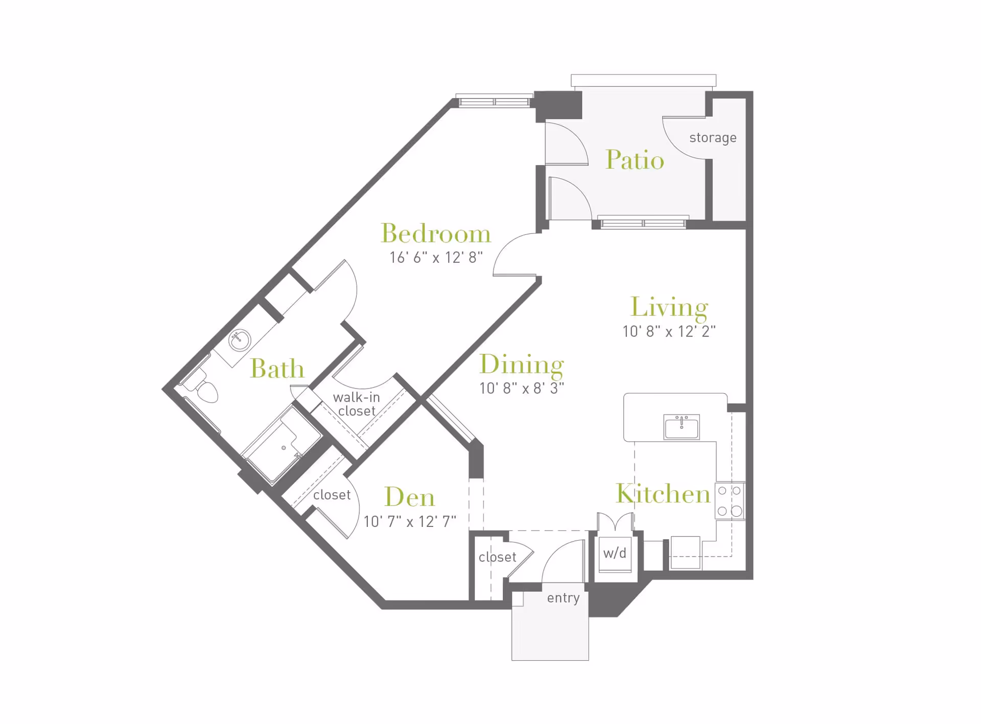 Floor plan of a residential unit at Clearwater Agritopia showing a bedroom, bath, den, dining area, living room, kitchen, patio, storage, closets, and entry with washer/dryer.
