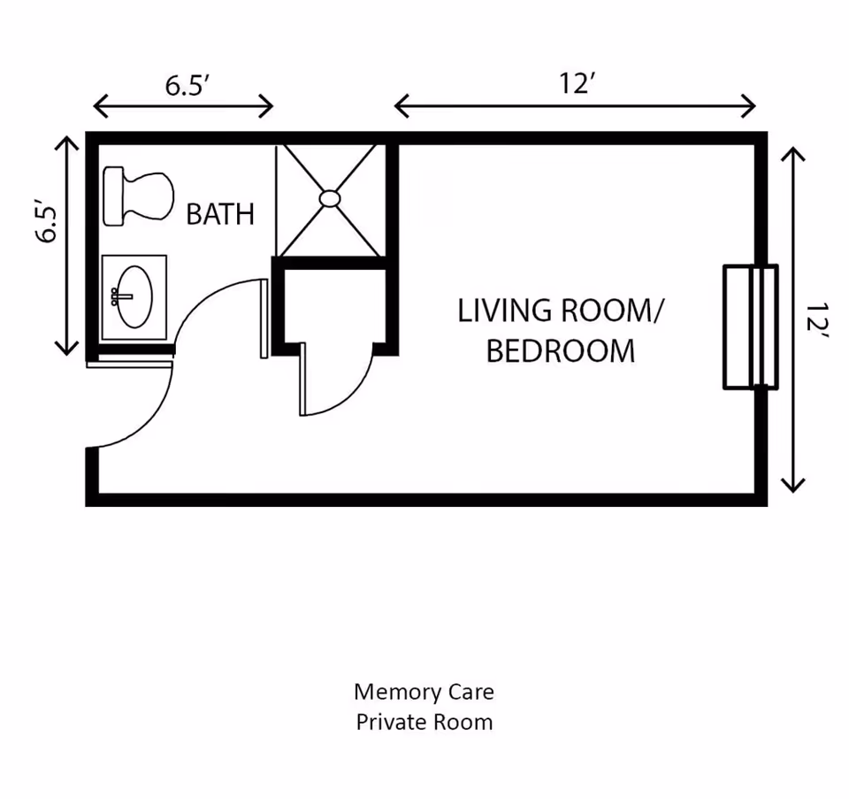 Floor plan of a memory care private room at Cedarhurst of Oakwood showing a combined living room and bedroom area measuring 12 feet by 12 feet, and a bathroom measuring 6.5 feet by 6.5 feet with a toilet, sink, and shower.