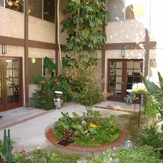 A small outdoor courtyard area with a circular garden bed in the center containing various plants and a small tree. The courtyard is surrounded by building walls with large windows and glass doors. There are additional plants along the edges and some outdoor lighting fixtures mounted on the walls.