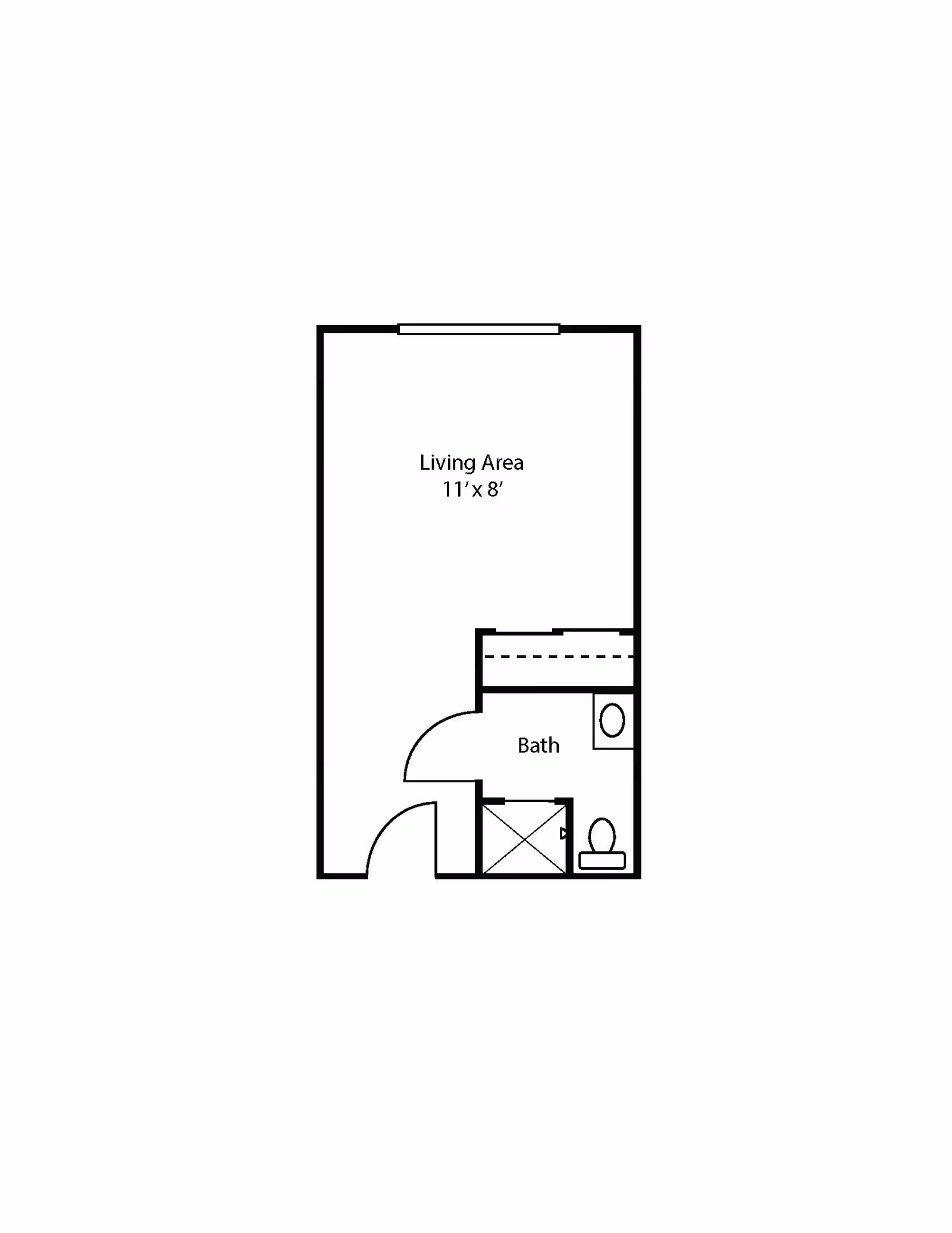 Floor plan showing a living area measuring 11 feet by 8 feet and a bathroom with a toilet, sink, and shower. The layout includes an entrance door leading into the living area and a door to the bathroom.