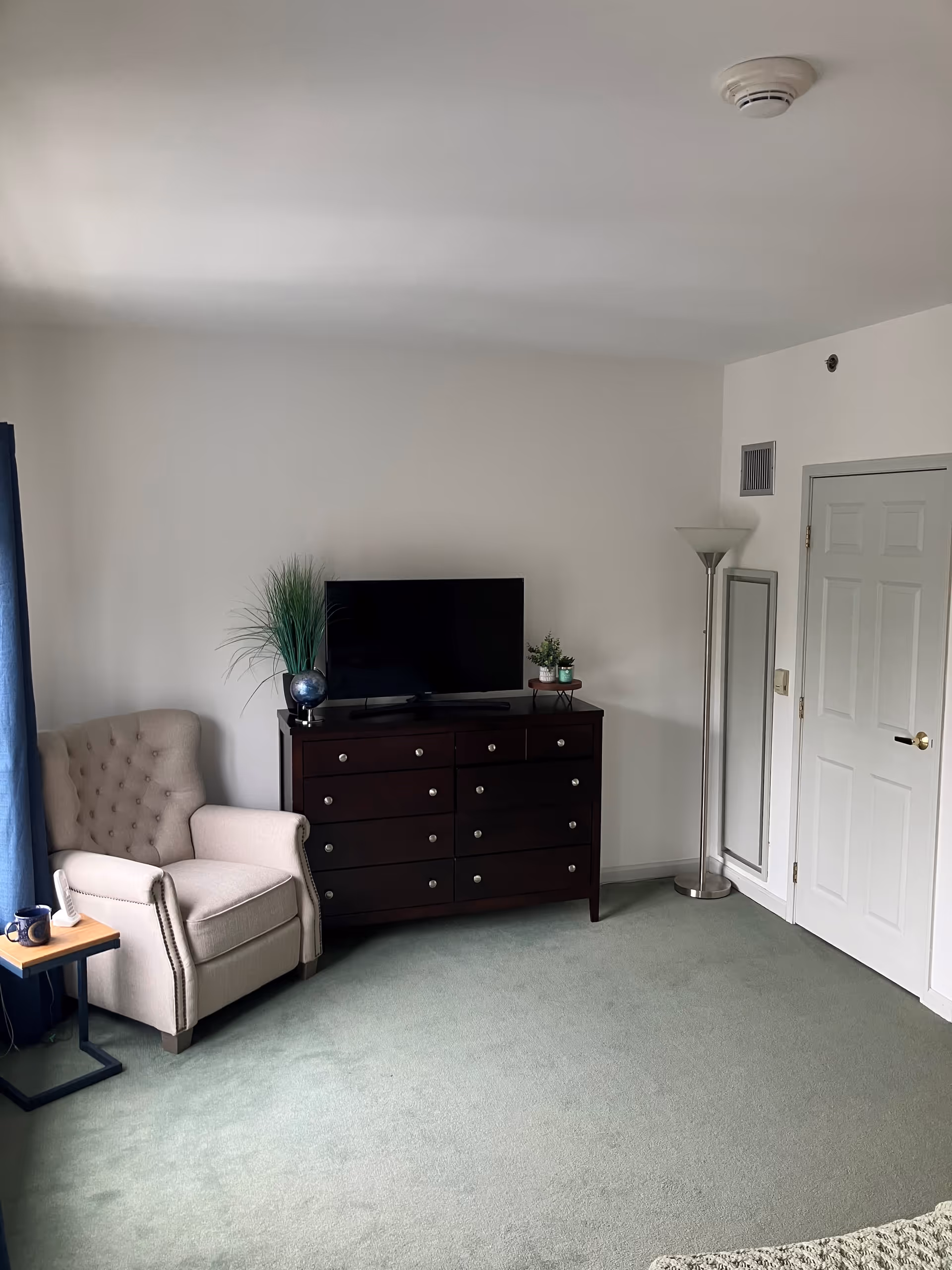 A cozy living area with a beige upholstered armchair next to a small wooden side table holding a mug and a phone. A dark wooden dresser with multiple drawers holds a flat-screen TV and two small potted plants. A tall floor lamp and a full-length mirror are positioned near a closed white door. The room has light-colored walls and green carpet flooring.