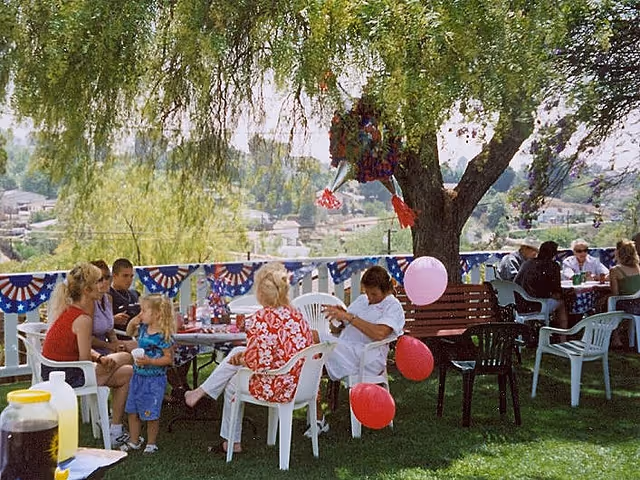 Residents and visitors seated at plastic tables and chairs under a tree at an outdoor picnic decorated with balloons and patriotic bunting.