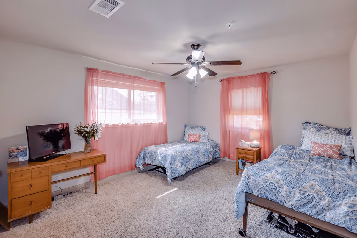 A bright bedroom with two single beds covered in blue patterned bedding. The room has beige carpet, two windows with pink sheer curtains, a ceiling fan with lights, a wooden nightstand with a lamp and tissues, and a wooden desk with a TV and a vase of flowers.