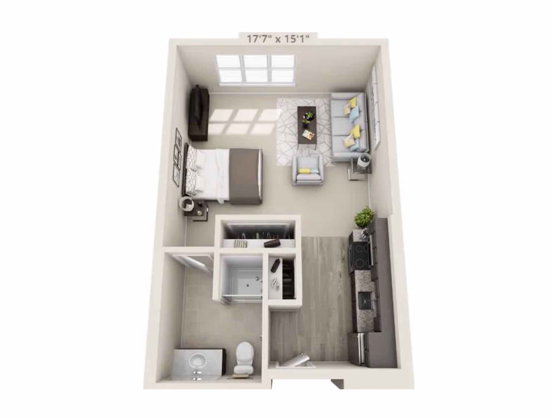 3D floor plan of a studio apartment featuring a combined living and bedroom area with a bed, sofa, armchair, coffee table, and TV. The kitchen area includes a stove, sink, and refrigerator. There is a separate bathroom with a toilet, sink, and shower. The apartment measures 17 feet 7 inches by 15 feet 1 inch.