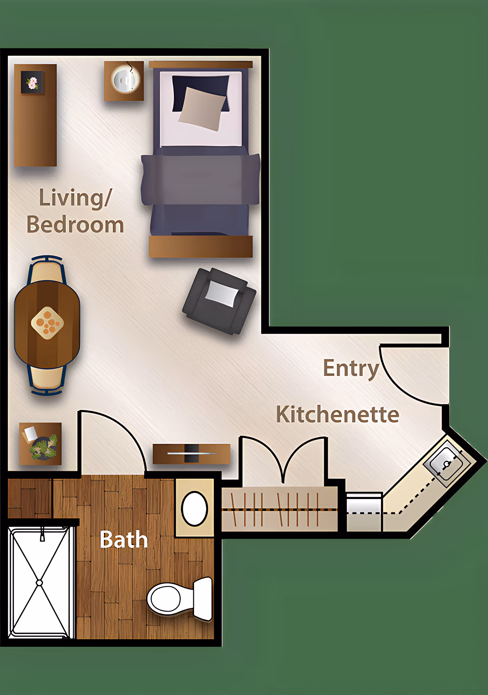 Top-down floor plan of a studio unit showing a combined living/bedroom, kitchenette/entry area, and bathroom.