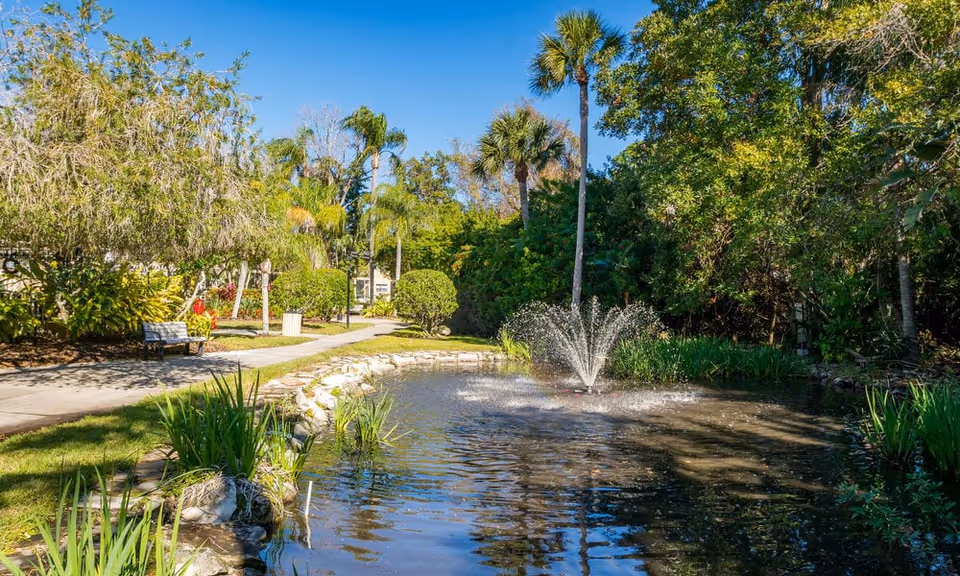 A serene outdoor garden area with a small pond featuring a water fountain in the center. The pond is surrounded by green plants and trees, including palm trees. A paved walking path with benches and a trash can runs alongside the pond under a clear blue sky.
