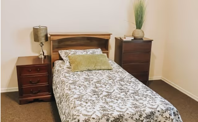 Simple bedroom with a single bed covered in a patterned bedspread, a nightstand with a lamp, and a dresser topped with a plant.