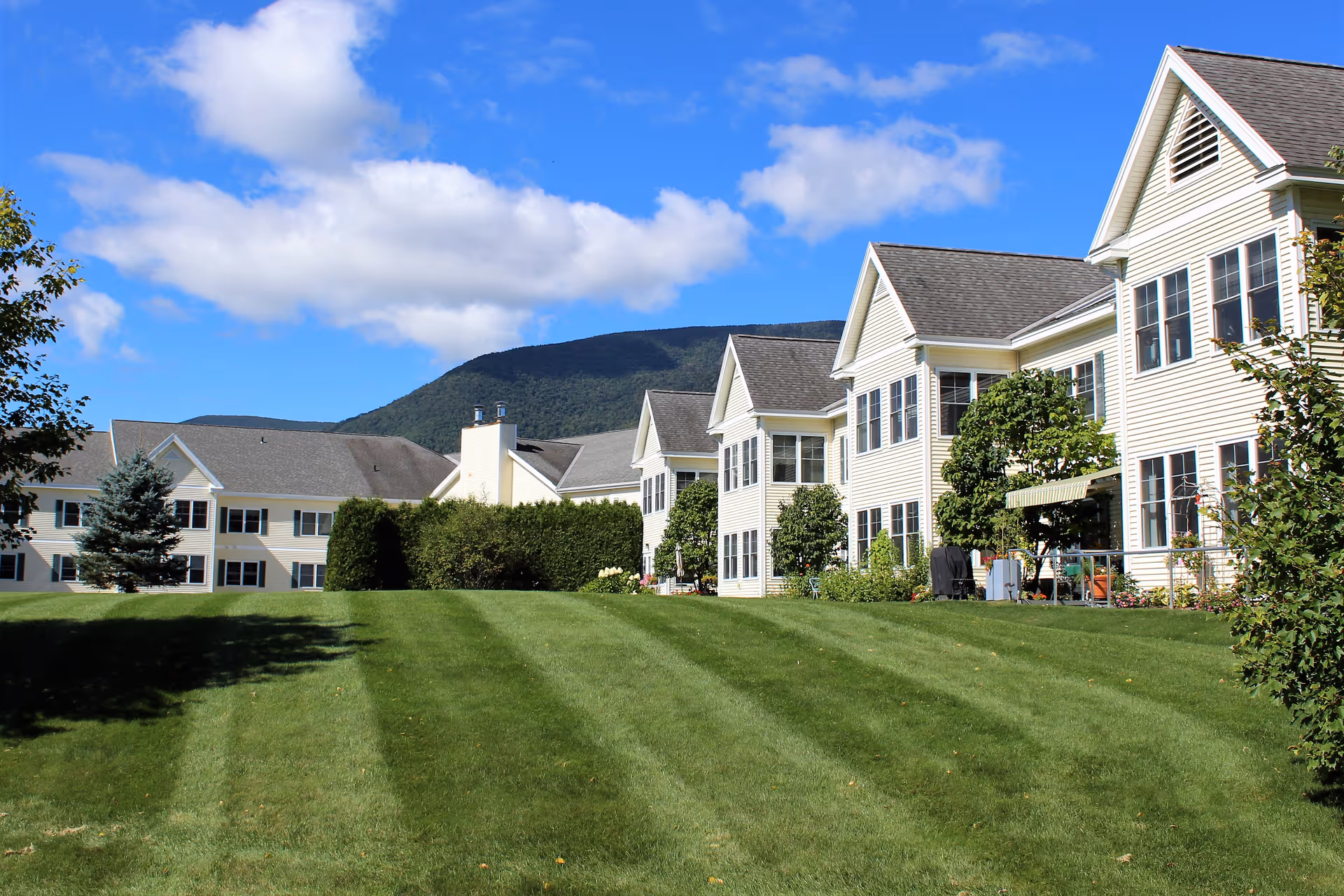 Green striped lawn in front of light-colored two-story residential buildings with trees and a mountain under a blue sky.