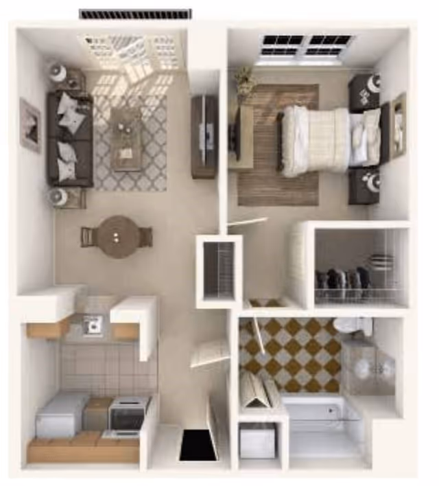 Top-down view of a one-bedroom apartment floor plan featuring a living room with a sofa, coffee table, and dining table, a kitchen with appliances, a bedroom with a bed and nightstands, a bathroom with a bathtub and toilet, and a closet space.
