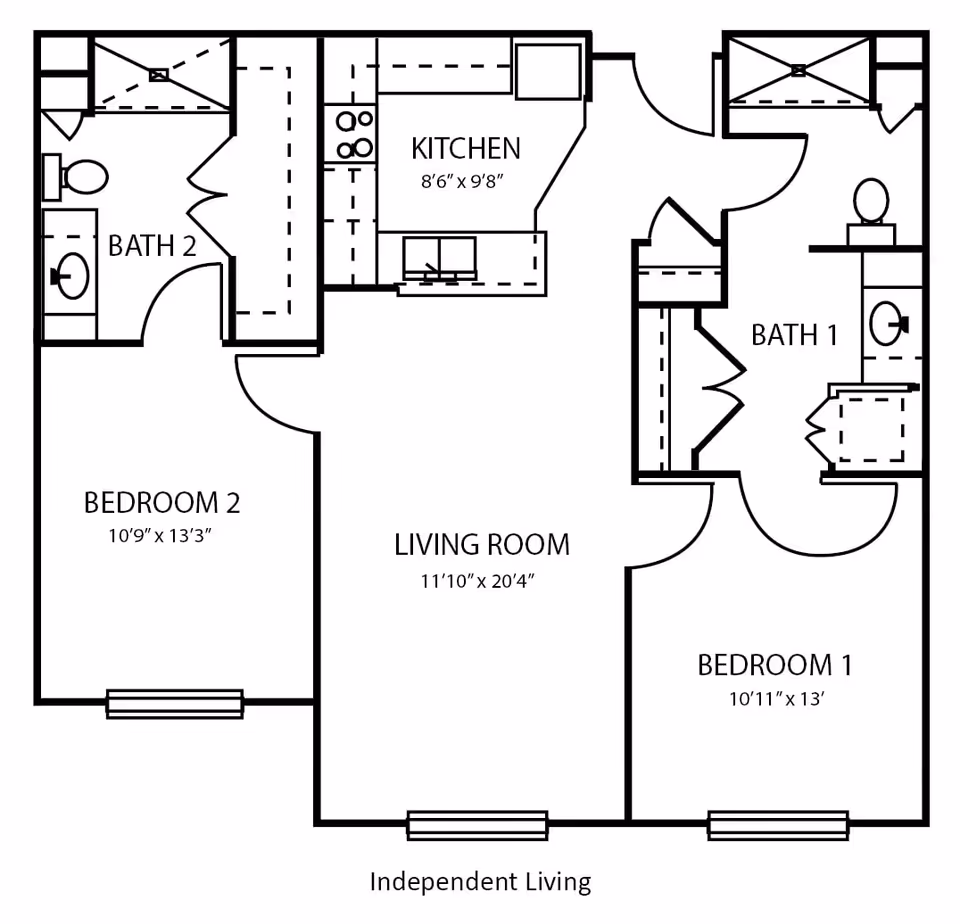 Floor plan of an independent living unit at Summit Point showing two bedrooms, two bathrooms, a kitchen, and a living room with dimensions labeled for each room.