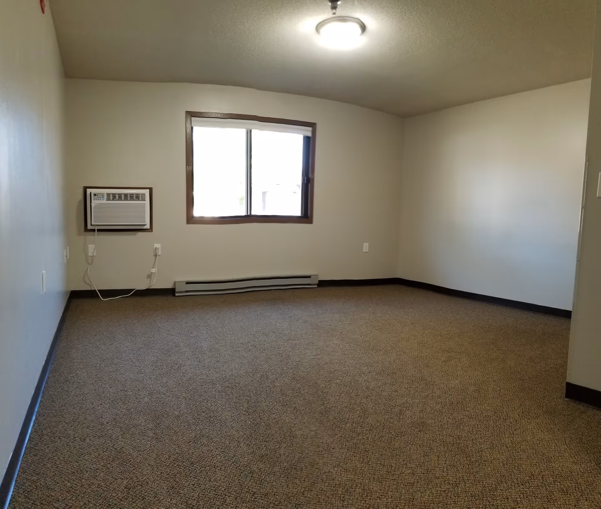 Empty room with beige carpet, white walls, a window with wooden trim, a wall-mounted air conditioning unit, and a ceiling light fixture.