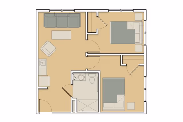 Architectural floor plan of a memory care unit showing two bedrooms, a bathroom, and a living area with a sofa, chair, and kitchenette.