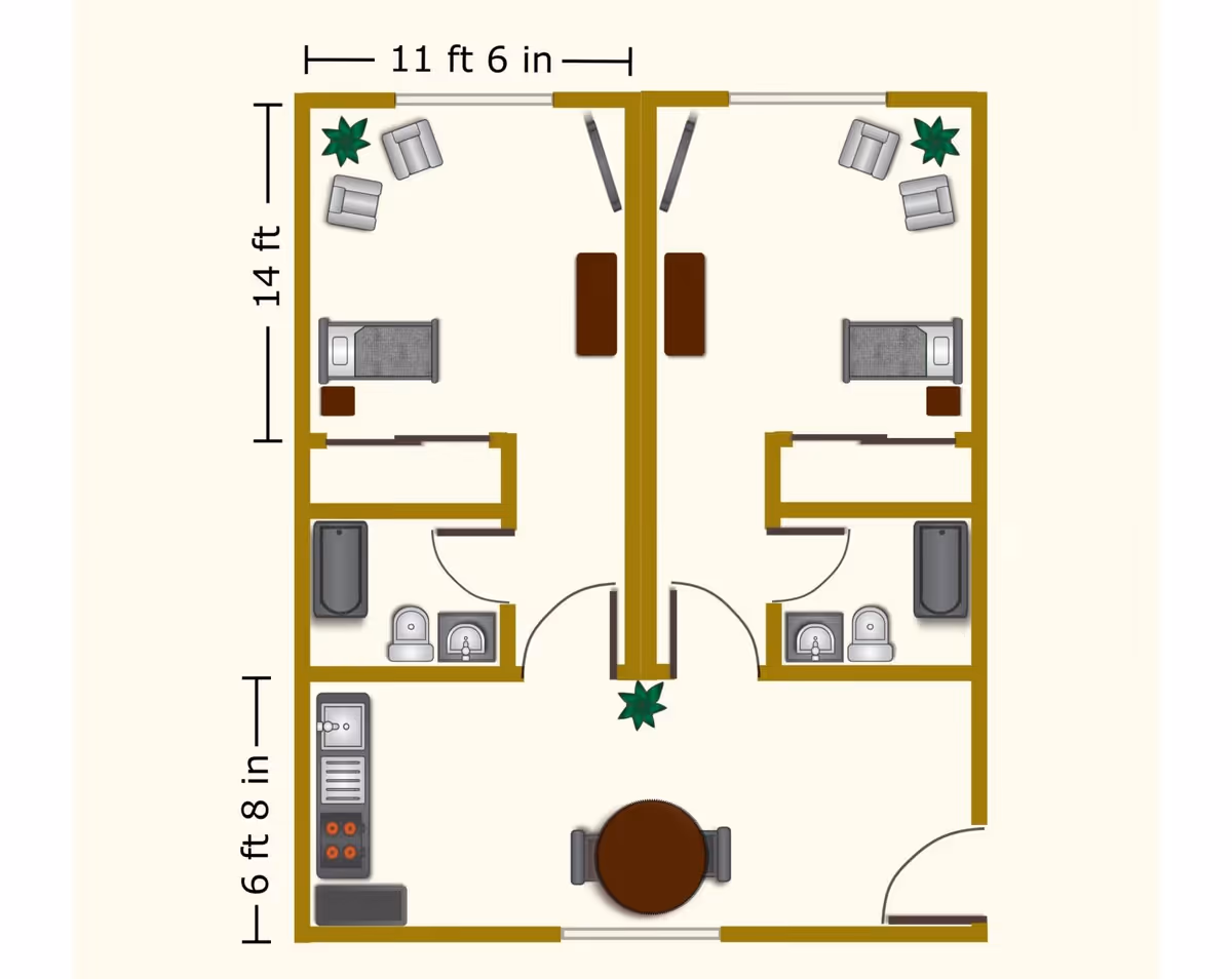 Floor plan of a two-bedroom apartment with each bedroom containing a bed, two chairs, and a plant. Each bedroom has an attached bathroom with a bathtub, toilet, and sink. The central area includes a kitchen with a stove, sink, and refrigerator, and a dining area with a round table and two chairs. Dimensions are marked as 11 ft 6 in by 14 ft for the bedrooms and 6 ft 8 in for the kitchen/dining area.