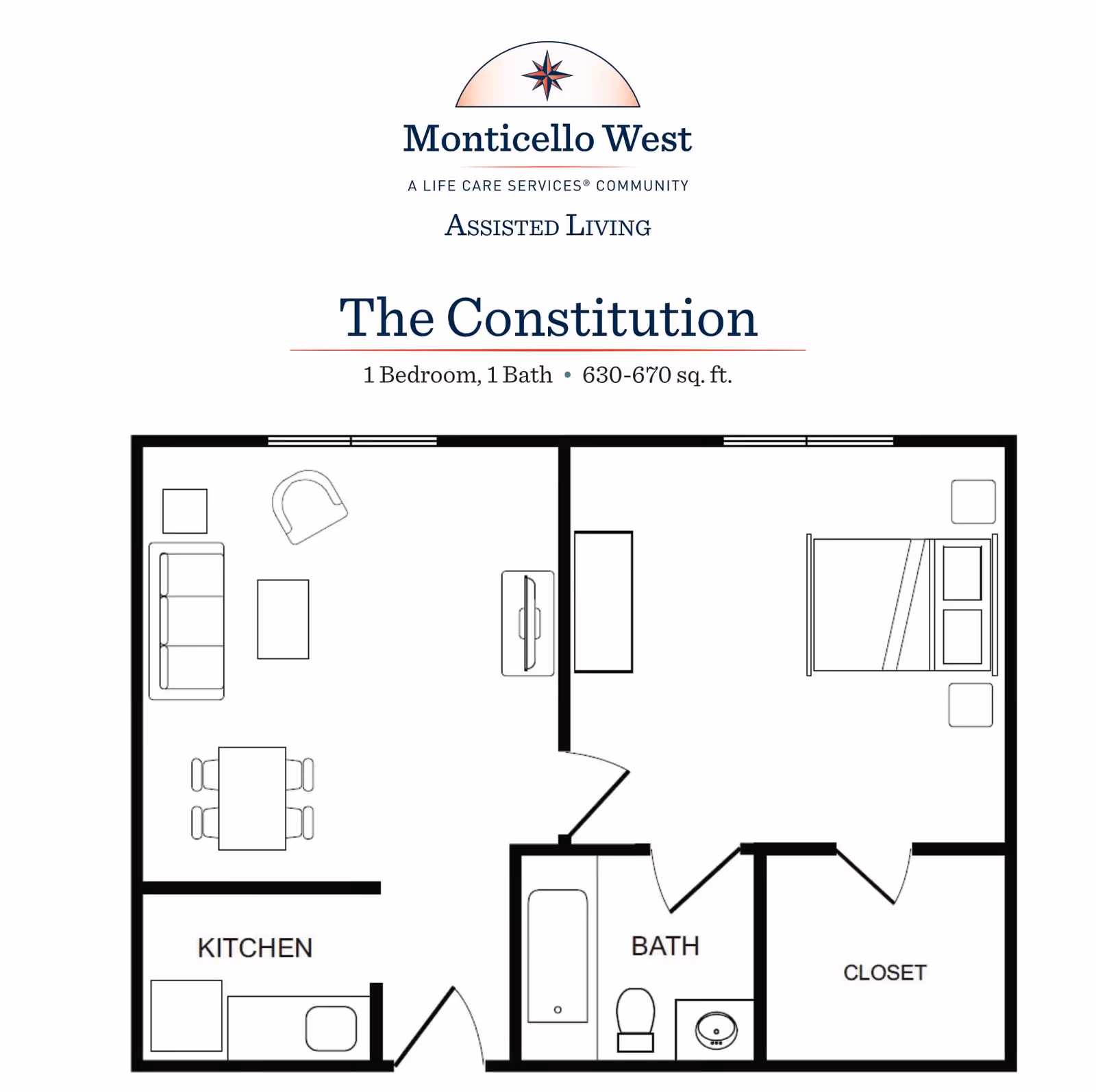 Floor plan of The Constitution at Monticello West Assisted Living, showing a 1 bedroom, 1 bath layout with 630-670 sq. ft. The plan includes a kitchen, living room with sofa, chair, coffee table, dining table with four chairs, bedroom with bed and nightstands, bathroom with bathtub, toilet, and sink, and a closet.