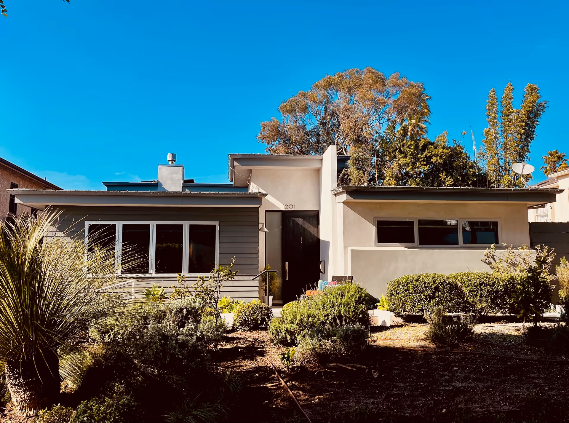 Front exterior of a single-story modern home with large windows, a central dark front door, and landscaped shrubs under a bright blue sky.