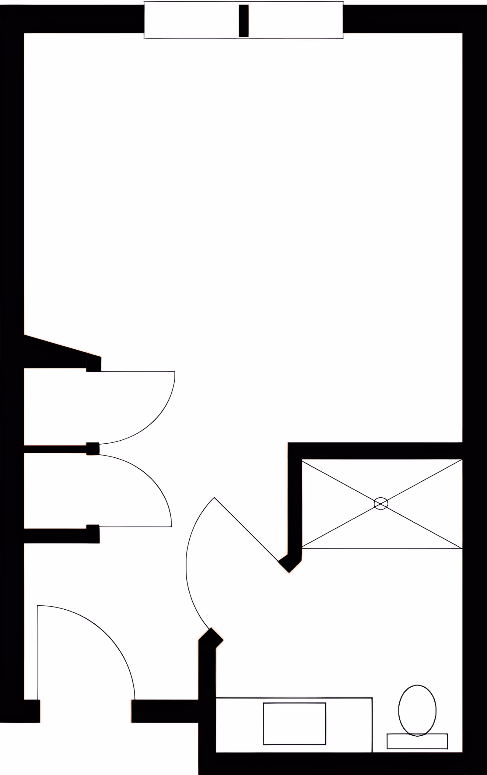 Black-and-white floor plan showing a rectangular room with an attached bathroom (toilet and shower) and multiple doors.