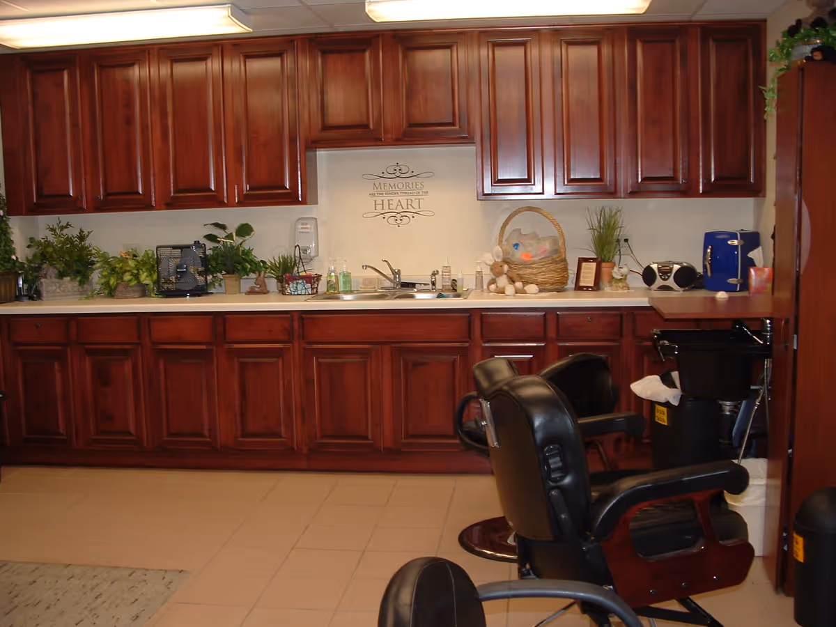 Interior room with dark wood cabinets above a countertop and sink, plants and baskets on the counter, and two salon chairs with a shampoo station in front.