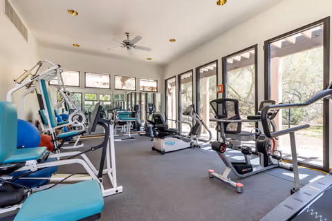 A bright fitness room with various exercise equipment including stationary bikes, weight machines, and exercise balls. Large windows along one wall provide natural light and a view of trees outside. The room has a ceiling fan and recessed lighting.
