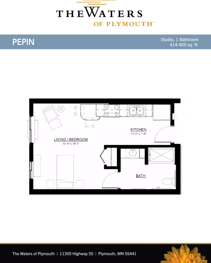 Floor plan of a studio apartment named Pepin at The Waters of Plymouth, showing a combined living and bedroom area, a kitchen, and a bathroom. The living/bedroom area measures 13 feet 4 inches by 16 feet 1 inch, the kitchen is 12 feet 4 inches by 7 feet 8 inches, and the bathroom includes a sink, toilet, and shower.