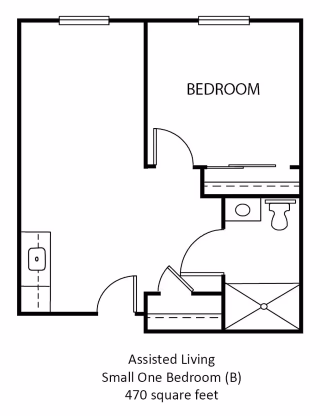 Floor plan of an assisted living small one bedroom apartment labeled as 470 square feet. The layout includes a bedroom, a bathroom with a toilet and shower, a closet, and a small kitchen area with a sink.