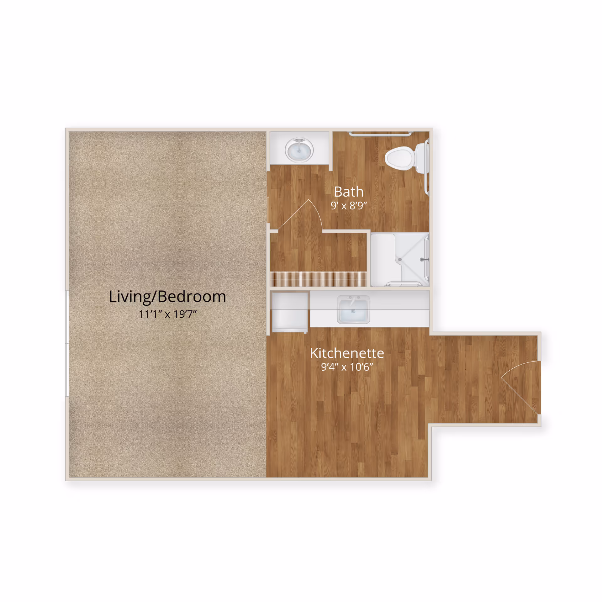 Floor plan of a senior living unit at Ledgestone Senior Living (IL) showing a living/bedroom area measuring 11 feet 1 inch by 19 feet 7 inches, a bath measuring 9 feet by 8 feet 9 inches, and a kitchenette measuring 9 feet 4 inches by 10 feet 6 inches. The bath includes a sink, toilet, and shower. The kitchenette includes a sink and counter space.