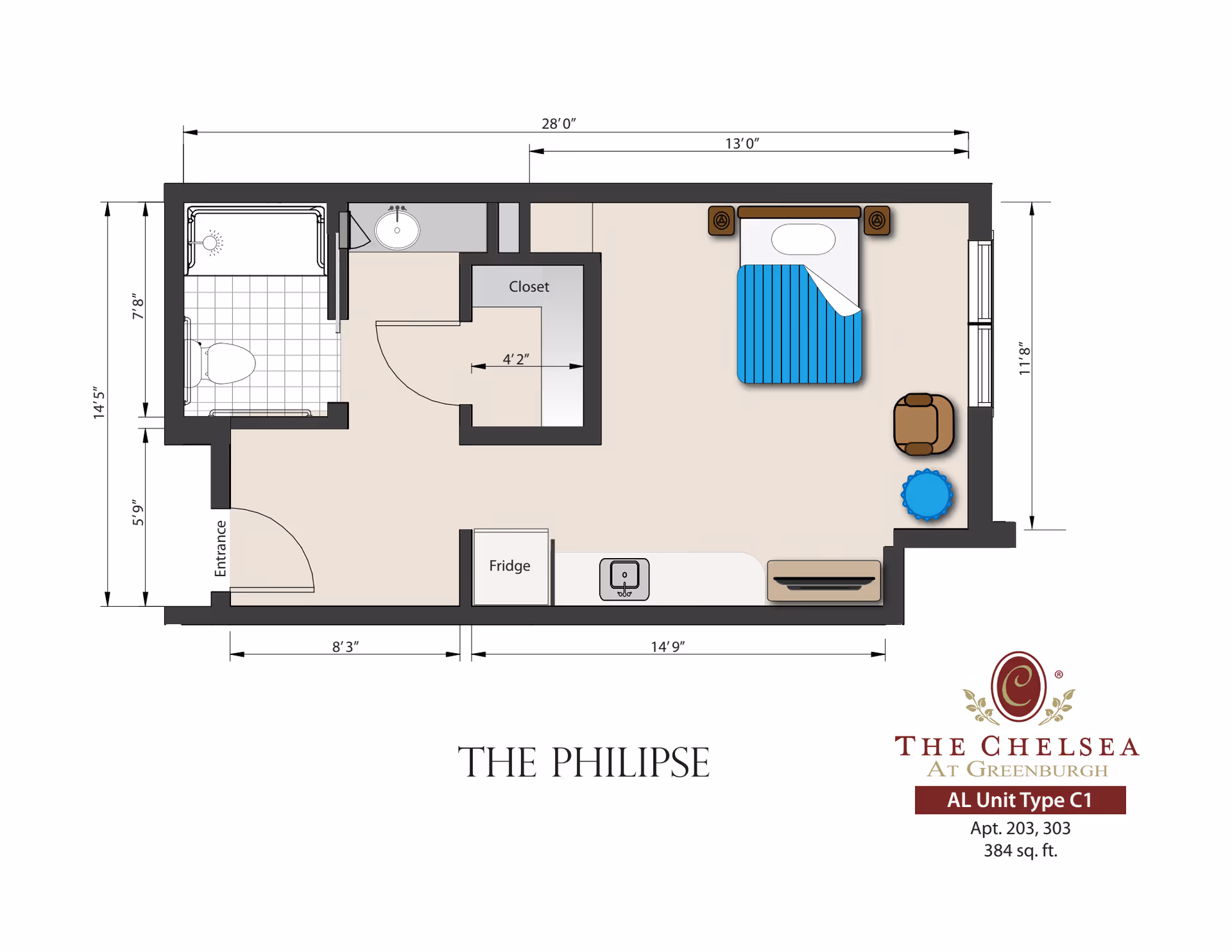 Floor plan of The Philipse unit at The Chelsea at Greenburgh, showing a layout with an entrance, bathroom with shower and toilet, closet, kitchenette with fridge and sink, and a combined living and sleeping area with a bed, nightstands, chair, and small table. Dimensions and labels are included.