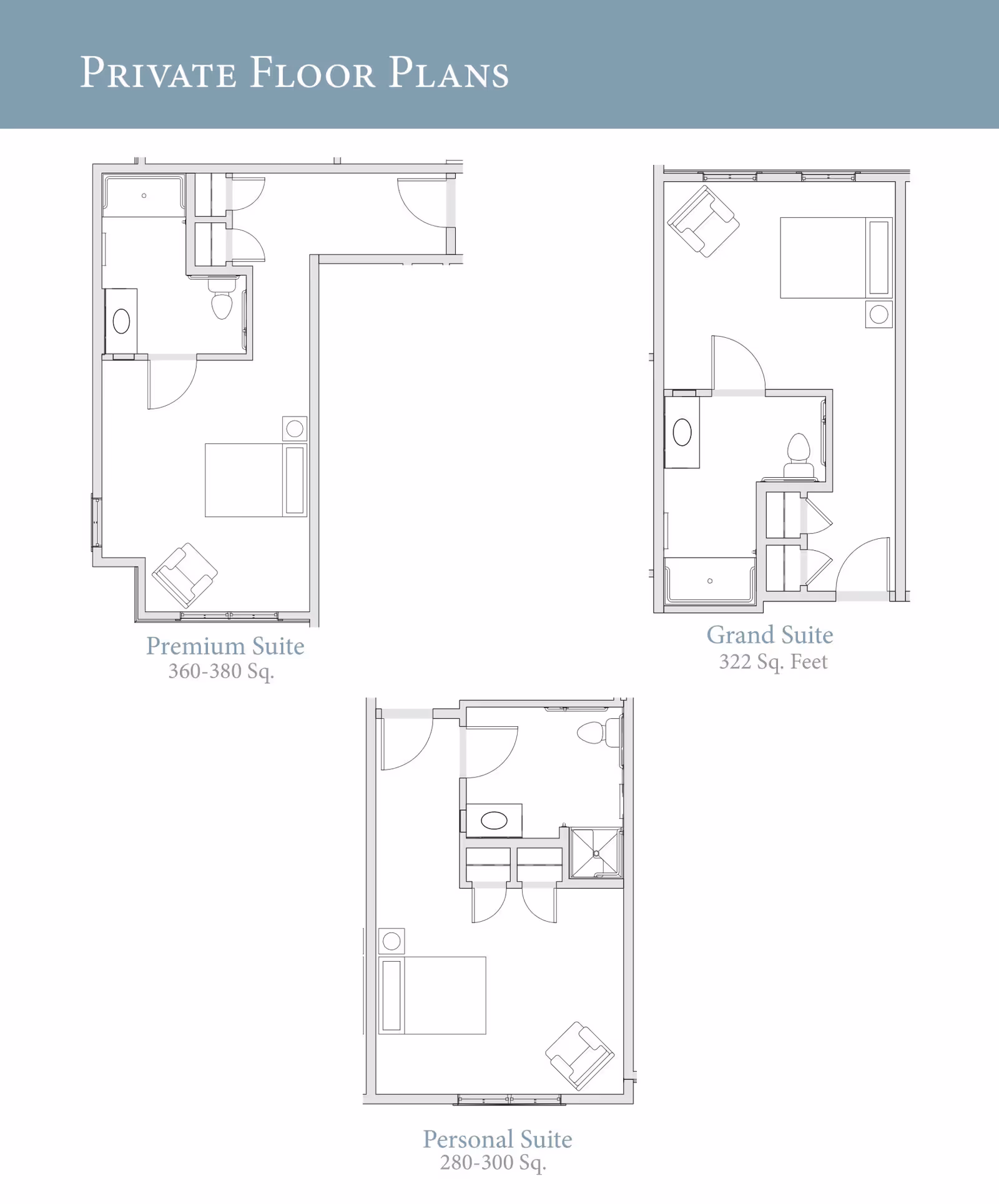 Architectural floor plans for three types of private suites at Grand Brook Memory Care of Grand Rapids: Premium Suite (360-380 sq. ft.), Grand Suite (322 sq. ft.), and Personal Suite (280-300 sq. ft.). Each plan shows the layout including bedroom, bathroom, and furniture placement.