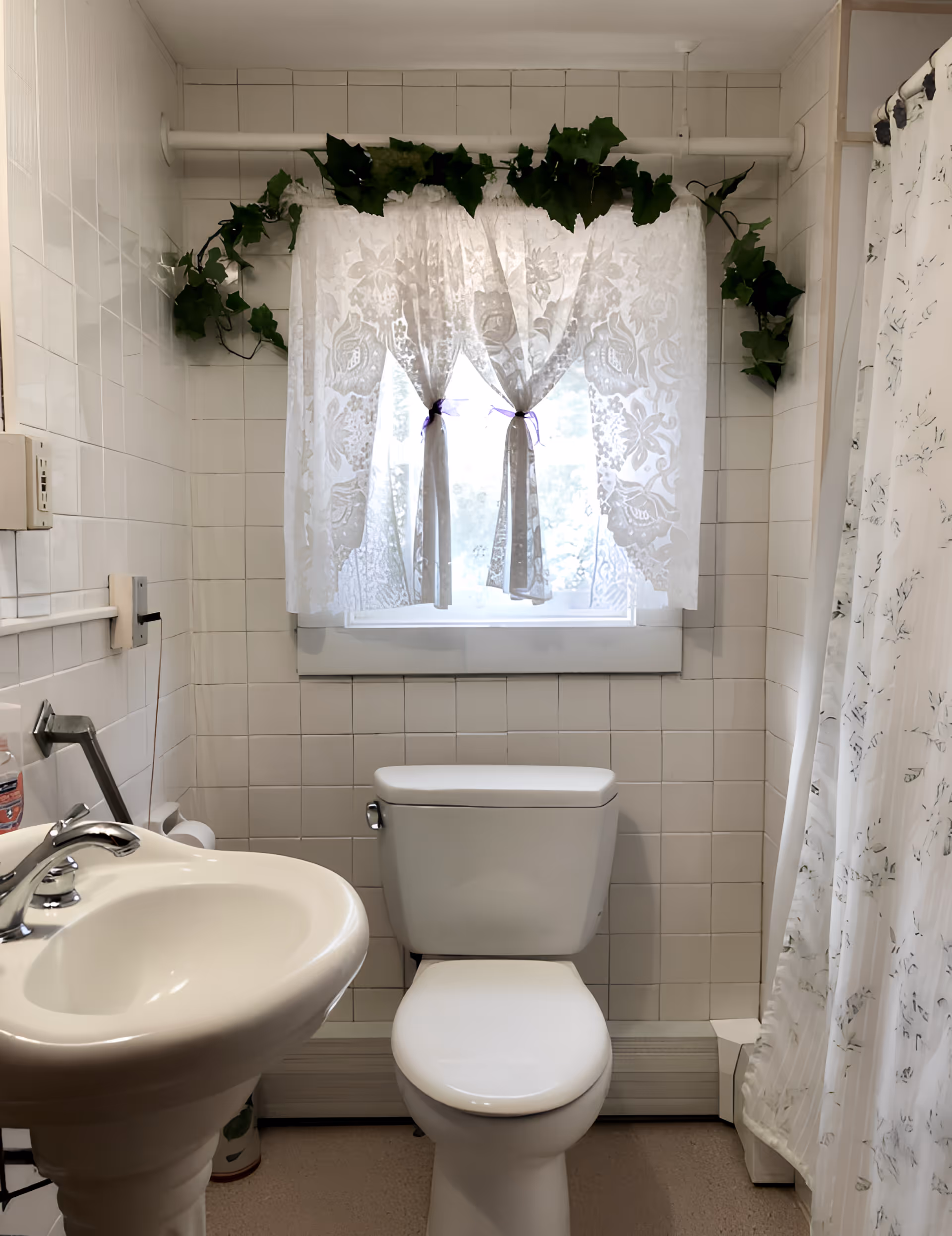 A small bathroom featuring a white toilet centered under a window with lace curtains tied with purple ribbons. To the left is a white pedestal sink with a chrome faucet, and to the right is a shower with a white curtain decorated with a subtle floral pattern. Green leafy vines decorate the top of the window.