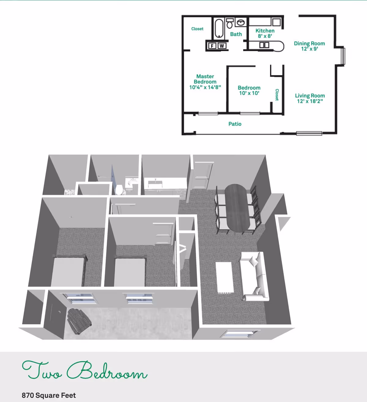 3D floor plan and 2D layout of a two-bedroom apartment with 870 square feet, showing a master bedroom, second bedroom, bathroom, kitchen, dining room, living room, closets, and a patio.