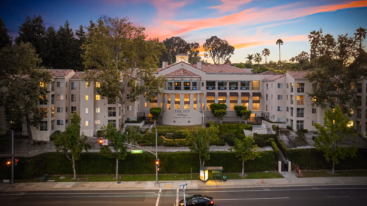 Exterior view of The Ivy at Wellington senior living facility at sunset, showing a large multi-story building with illuminated windows, surrounded by trees and greenery, with a street and bus stop in the foreground.
