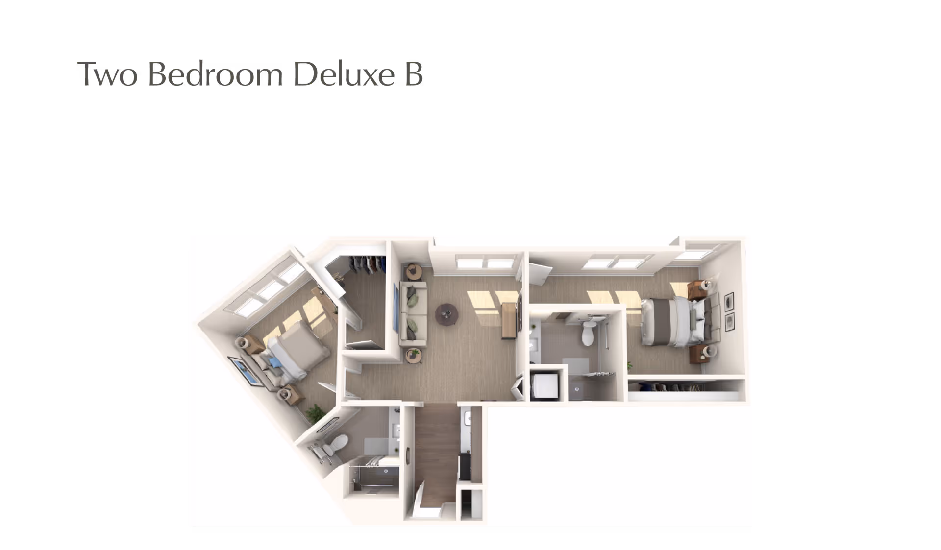 3D floor plan of a two-bedroom deluxe apartment showing two bedrooms, two bathrooms, a living room, and a kitchen area.