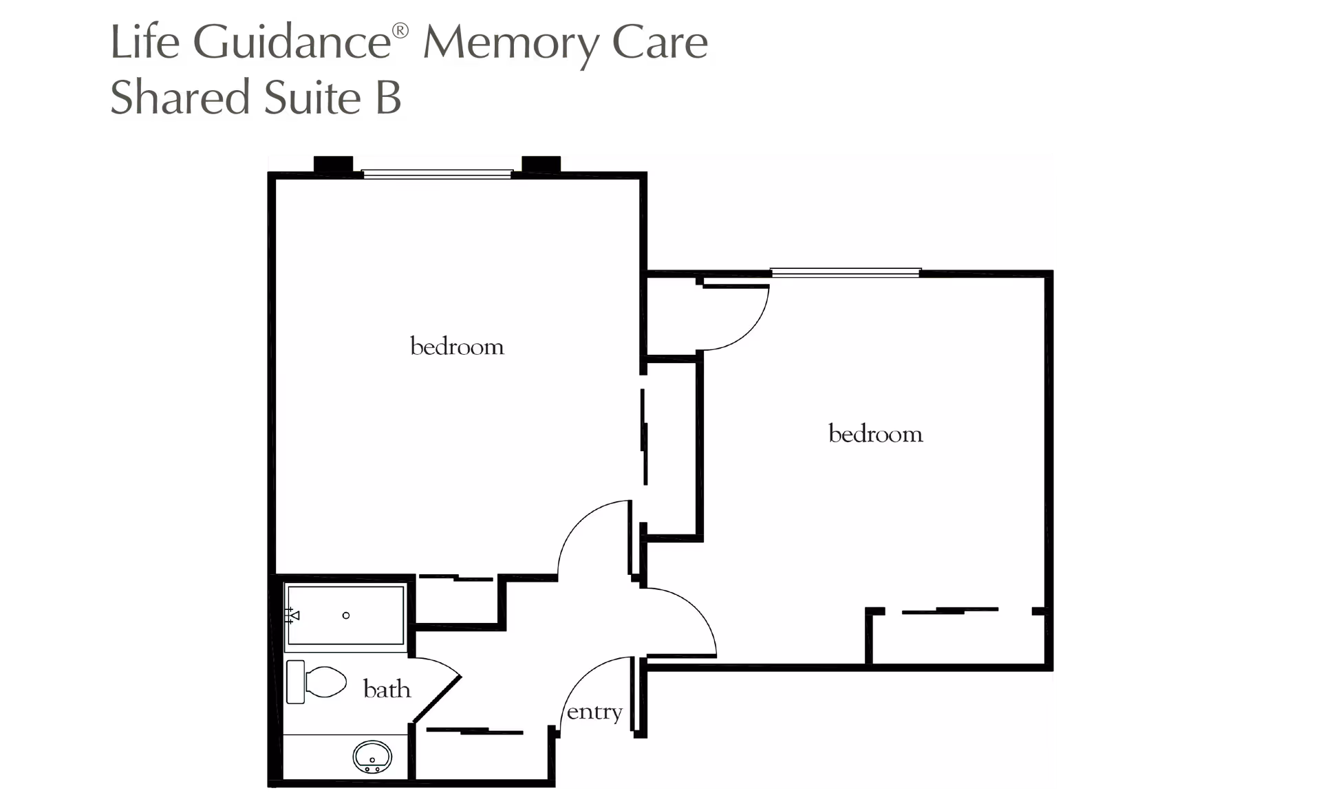 Floor plan labeled Life Guidance Memory Care Shared Suite B showing two bedrooms, one bathroom, and an entry area.