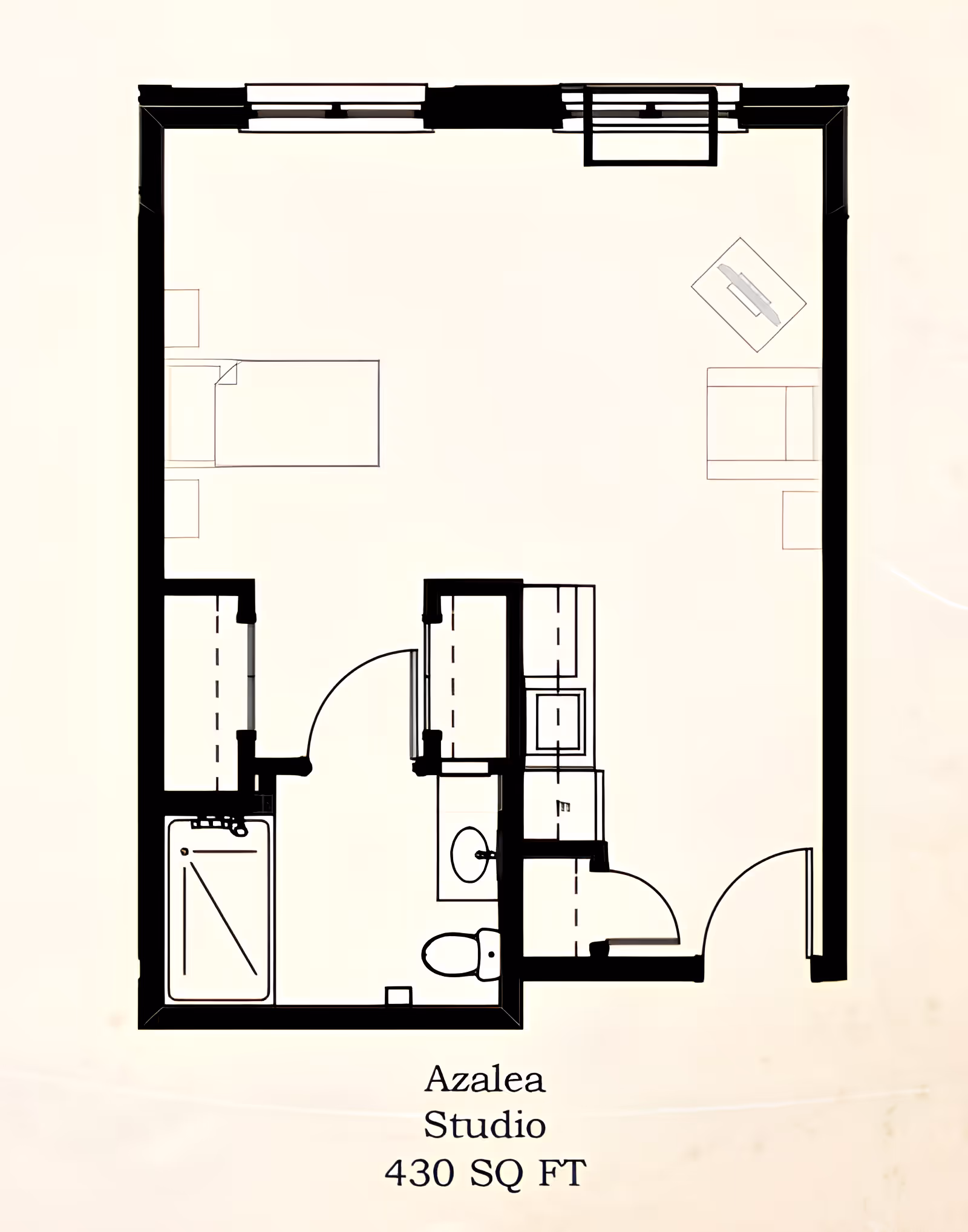 Floor plan of Azalea Studio apartment at The Gardens at Brook Ridge Assisted Living & Memory Care, showing a 430 square feet layout with a combined living and sleeping area, a bathroom with a shower, toilet, and sink, and a small kitchenette area.
