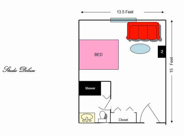 Floor plan of a studio deluxe apartment showing a bed, a red couch with a small oval table in front of it, a TV mounted on the wall, a closet, and a bathroom area with a shower, sink, and toilet. The dimensions are 13.5 feet by 15 feet.