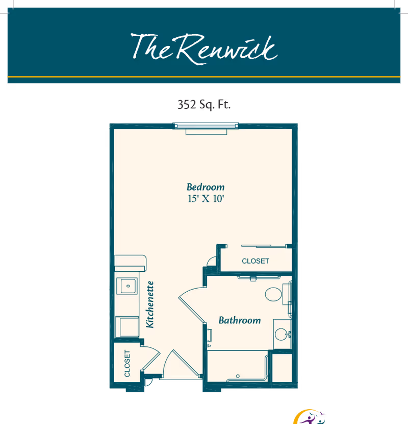 Floor plan of The Renwick unit at Ciel at Plainfield showing a 352 square feet layout with a 15 by 10 feet bedroom, a kitchenette, a bathroom, and two closets.